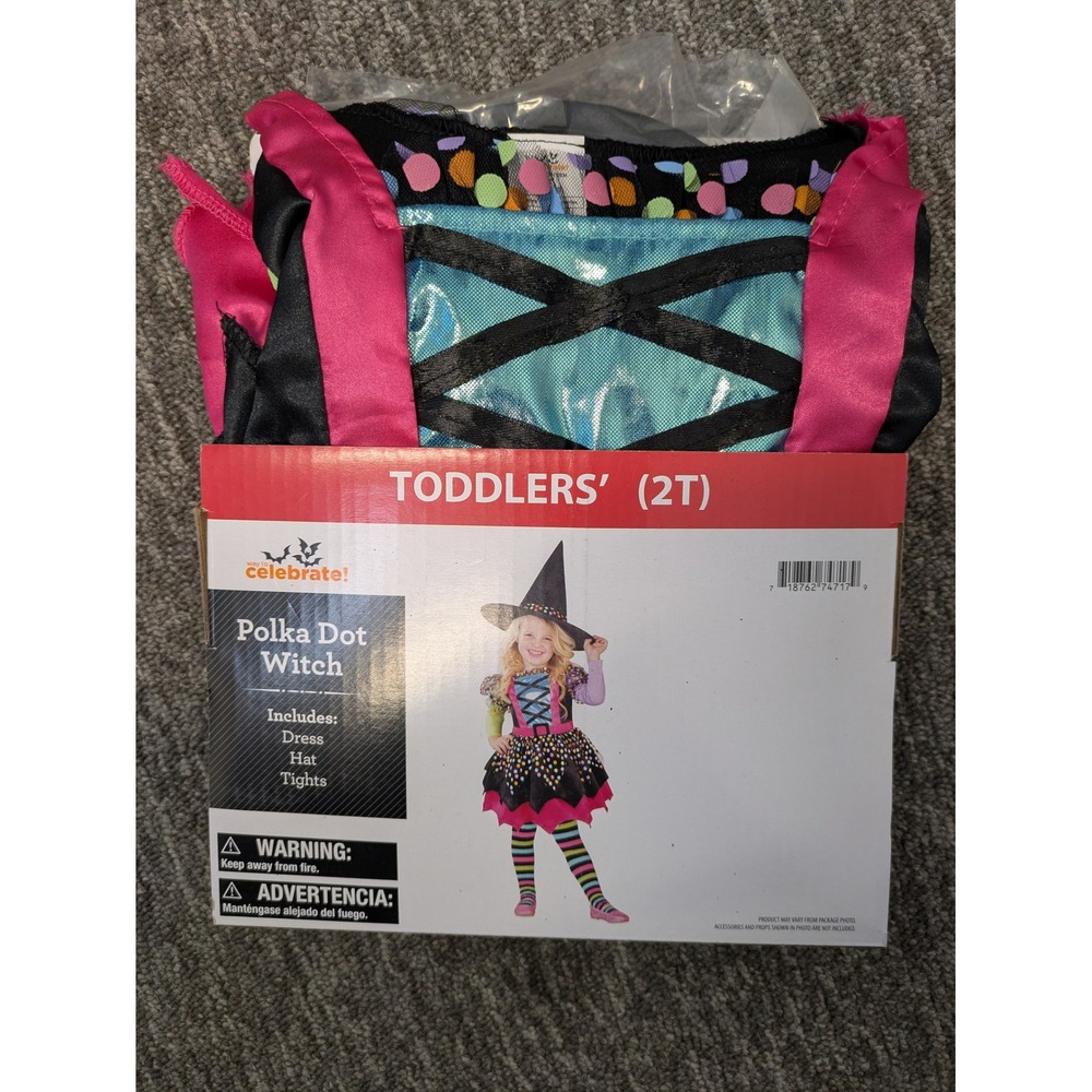 Celebrate‎ Toddler Girls Polka Dot Witch Costume Dress Hat Tights Halloween 2T